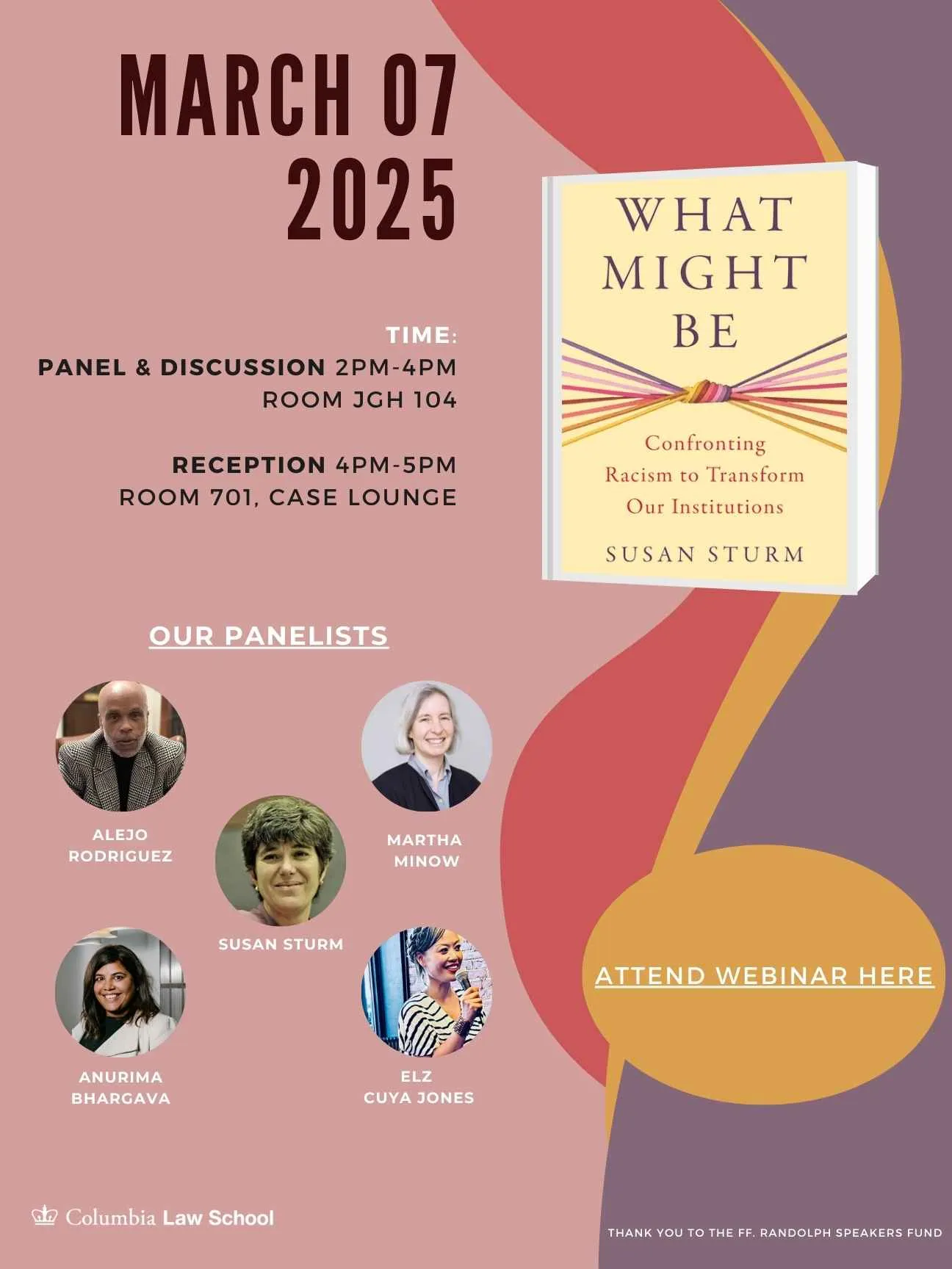 A poster displaying the panelists and book title for the March 7th event